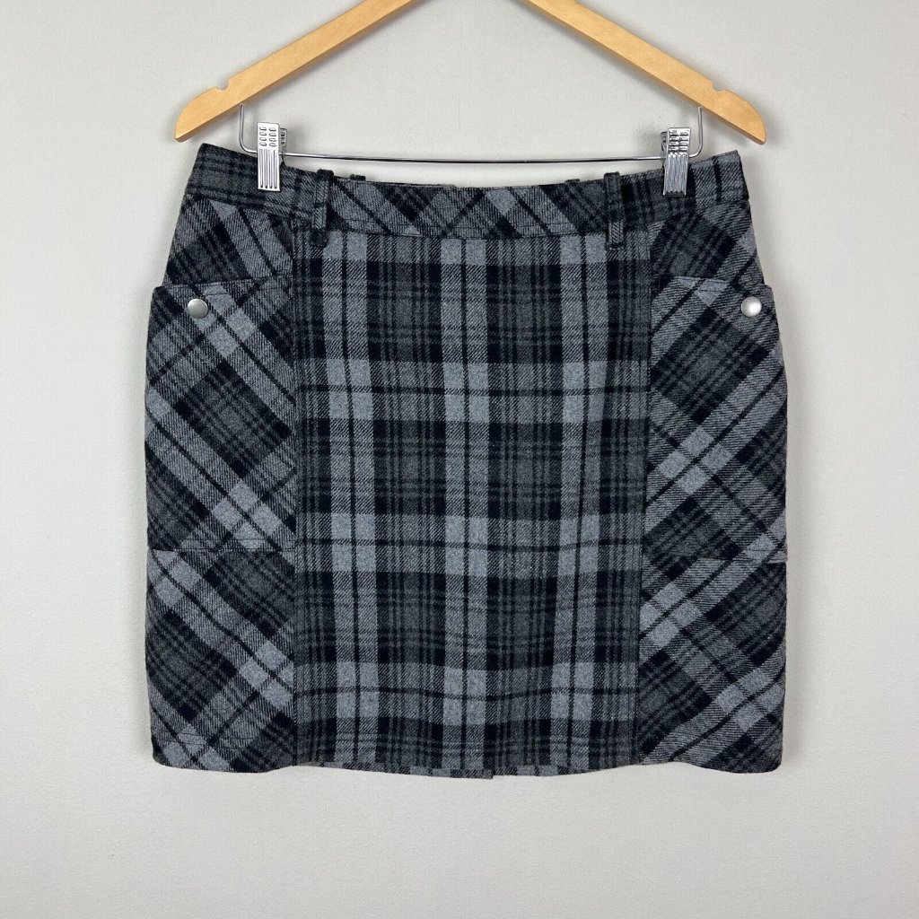Eddie Bauer Skirt Women 8 Plaid Tartan Gray Black Mini Wool Blend Pockets Pencil